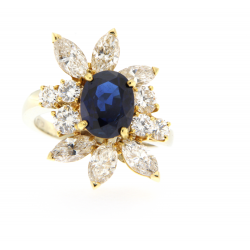 Anello Contorno  Zaffiro Blue in Oro Giallo  con Diamanti taglio Navette e Diamanti Taglio Brillante