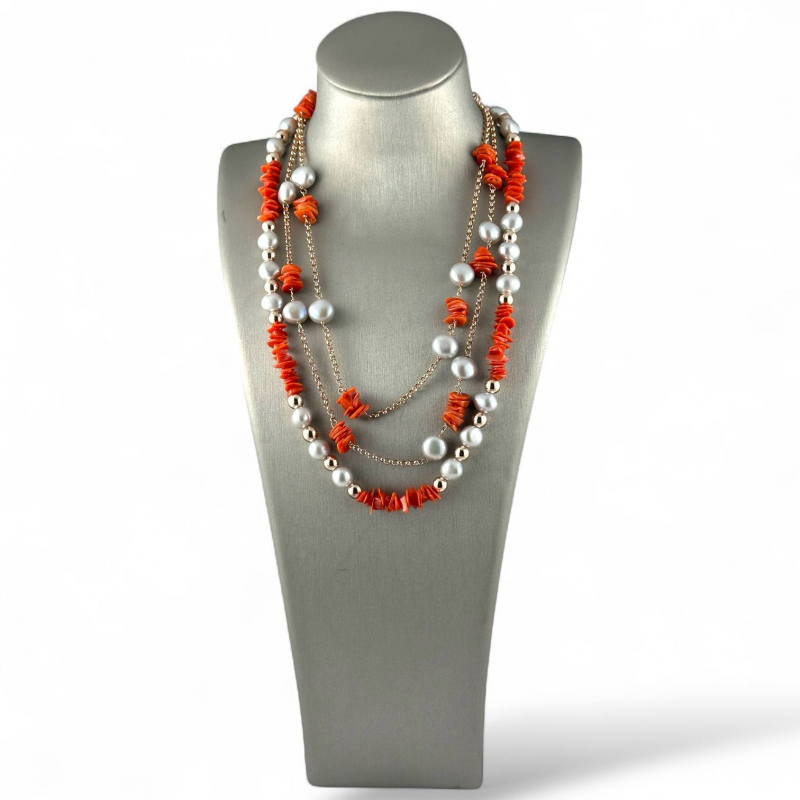 Collana donna in argento rosa con corallo e perle