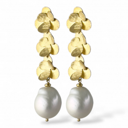 Orecchini donna pendenti con fiori in argento dorato e perle