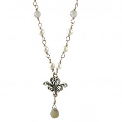 Collana giglio pendente con perle bianche e pietra di luna grigia